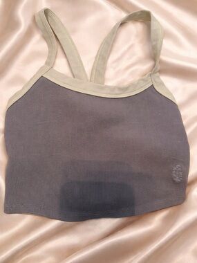 FP Movement by Free People Cream Ribbed Crop Tank with Blue Logo Detail